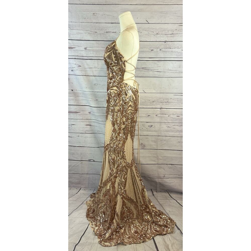 Mori Lee Madeline Garden Rose Gold Sequin Lace Up Back Prom Dress Size 8 - Picture 2 of 11
